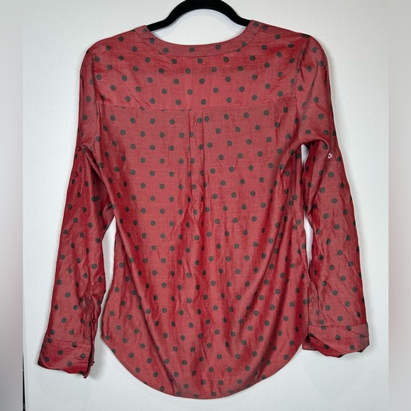 Express Brick Red Sheer Blouse w/ Gray Polka Dots. Buttoned Relaxed Blouse. - Picture 5 of 9